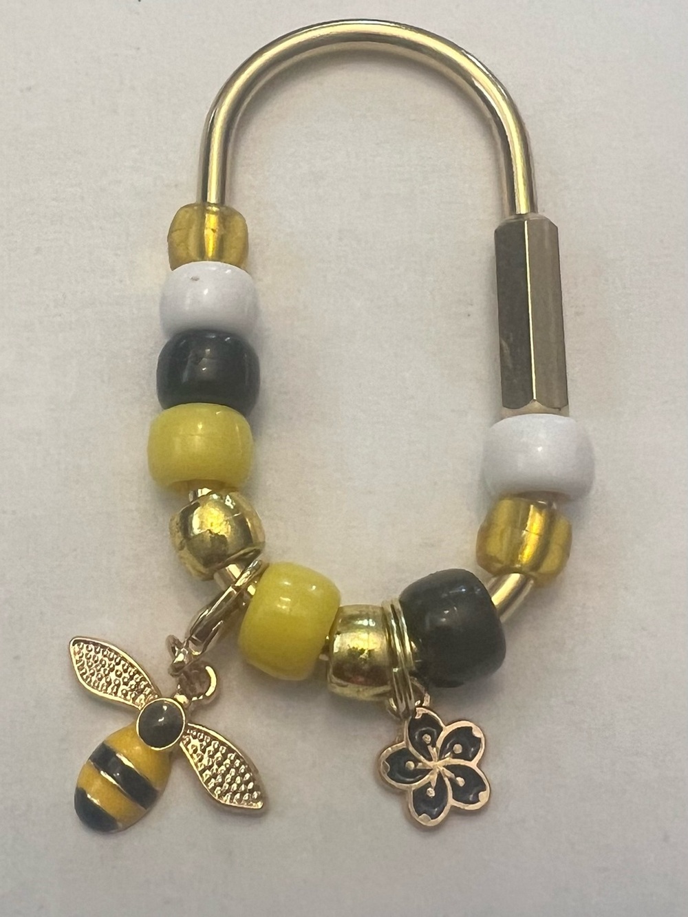 Gold Bee Charm Beaded Keyring - Yellow, Black & White